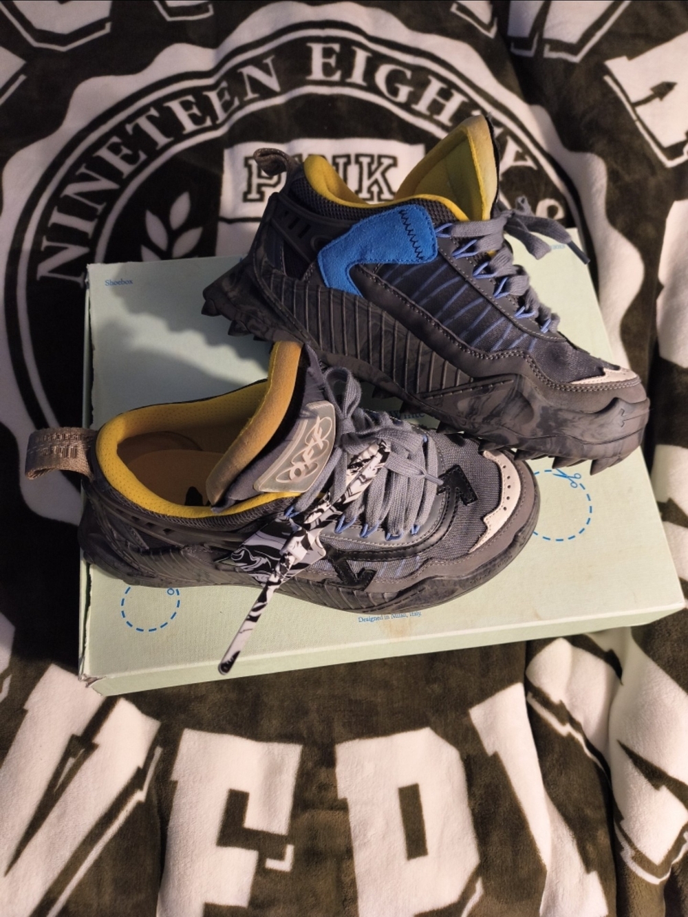 Off- White Grey & Blue Athletic Sneakers with Yellow Lining